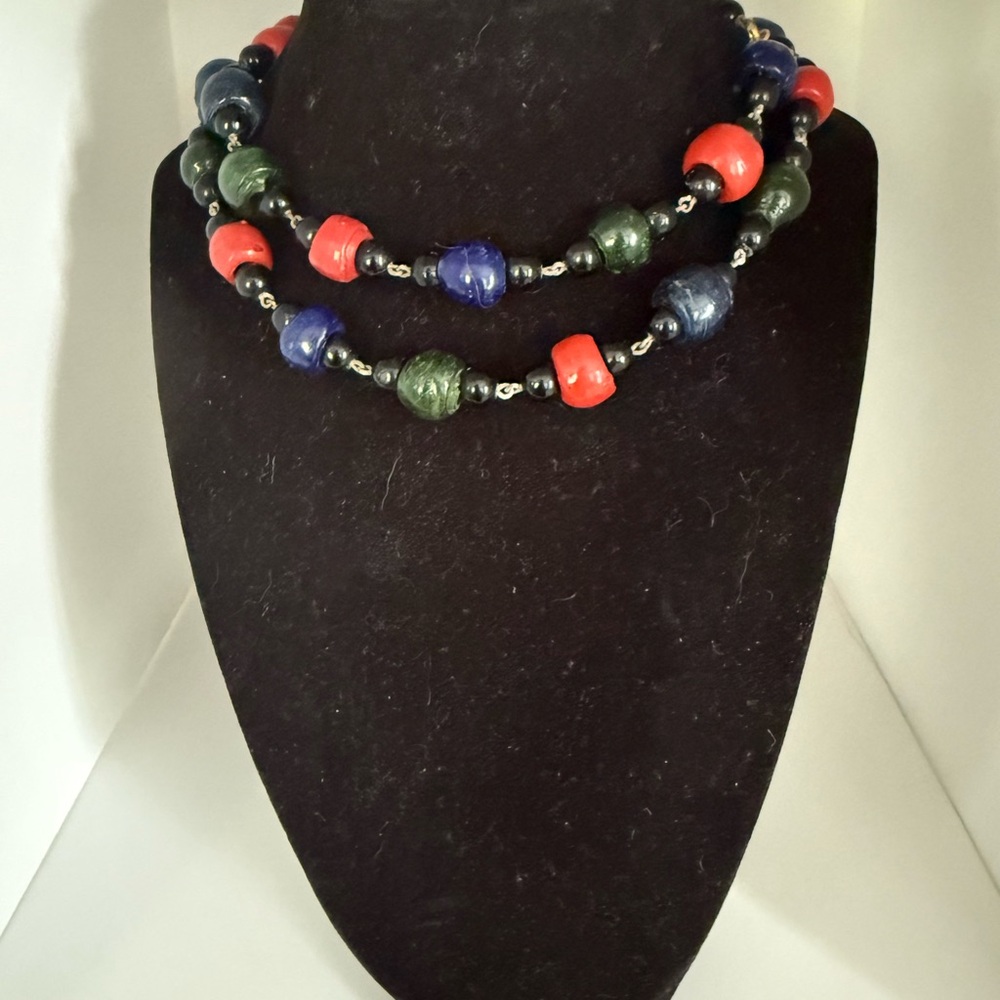 Vibrant Red, Blue, and Green Glass Beaded Vintage Necklace